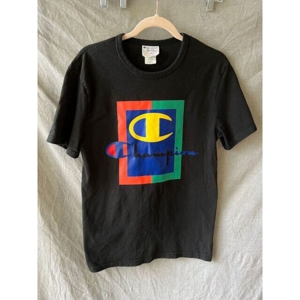 Vintage Champion Shirt Adult Small Black Short Sleeve Logo Pullover Mens.